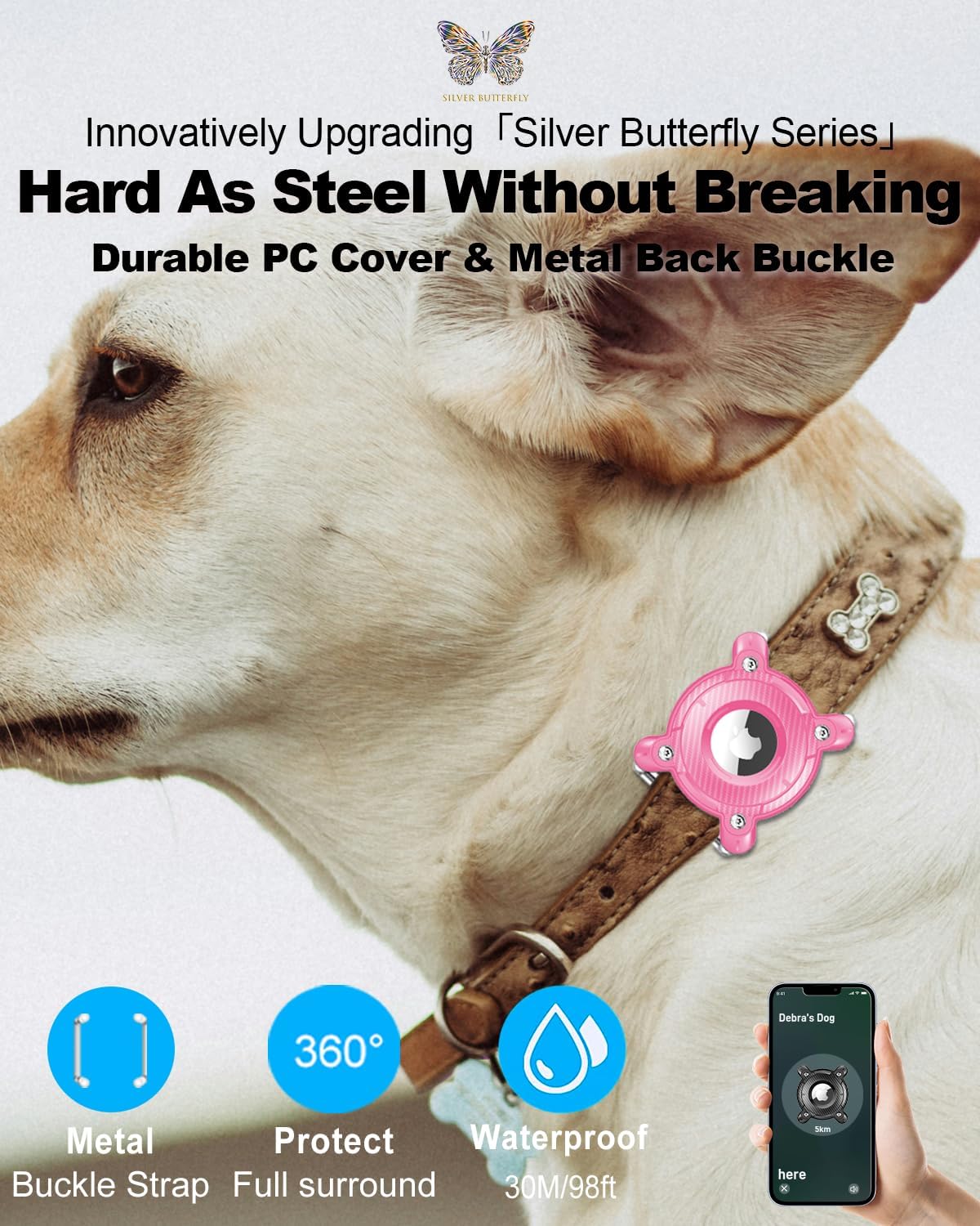 Airtag Dog Collar Holder - IPX8 Waterproof, Removable Metal Buckle Strap, Ultralight Hard TPU, Compatible With Apple AirTag