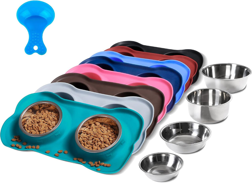 Hubulk Pet Dog Bowls 2 Stainless Steel Dog Bowl with No Spill Non-Skid Silicone Mat + Pet Food Scoop Water and Food Feeder Bowls for Feeding Small Medium Large Dogs Cats Puppies (Medium, Green) 