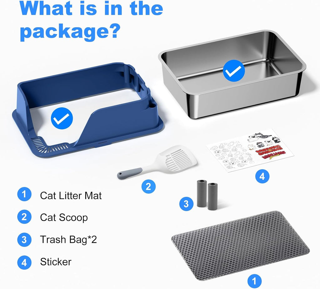 Non-Stick Stainless Steel Litter Box, XL Side Open Splash-Proof (Blue)