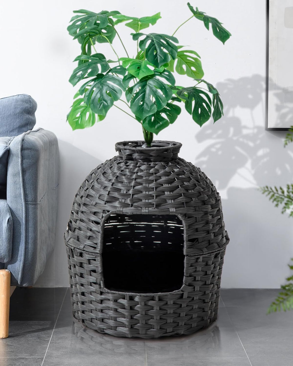SETVSON Cat Litter Box Plant Furniture Enclosure, PE Rattan House, Black