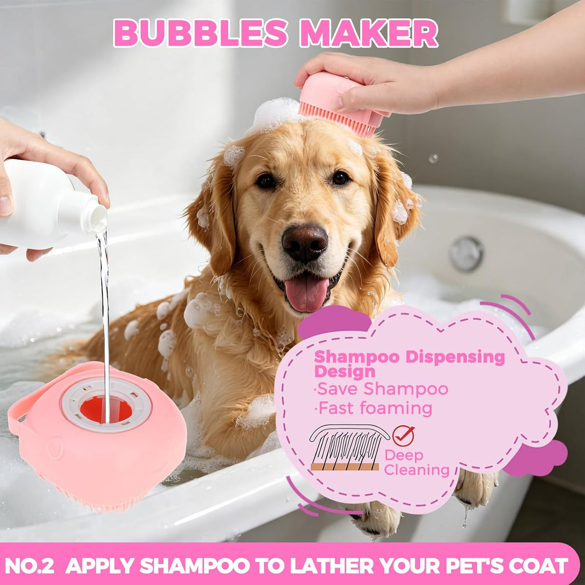 PAWCHIE Bath Grooming Kit for Pets, 9 PCS Hair Brush Set with Towel,Washing Gloves,Bath Brush and Adjustable Handle Shampoo Brush & Scrubber for Short Long Haired Dogs and Cats,Dog Bath Supplies, Pink