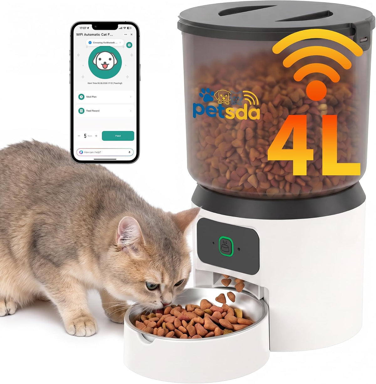 Automatic Cat Feeders 4L Timed Dry Food Dispenser WiFi 10 Meals Programmable 1-12 Portion Per Day with APP Control Dual Power Supply with Stainless Bowl for Multi-Pet Easy Clean