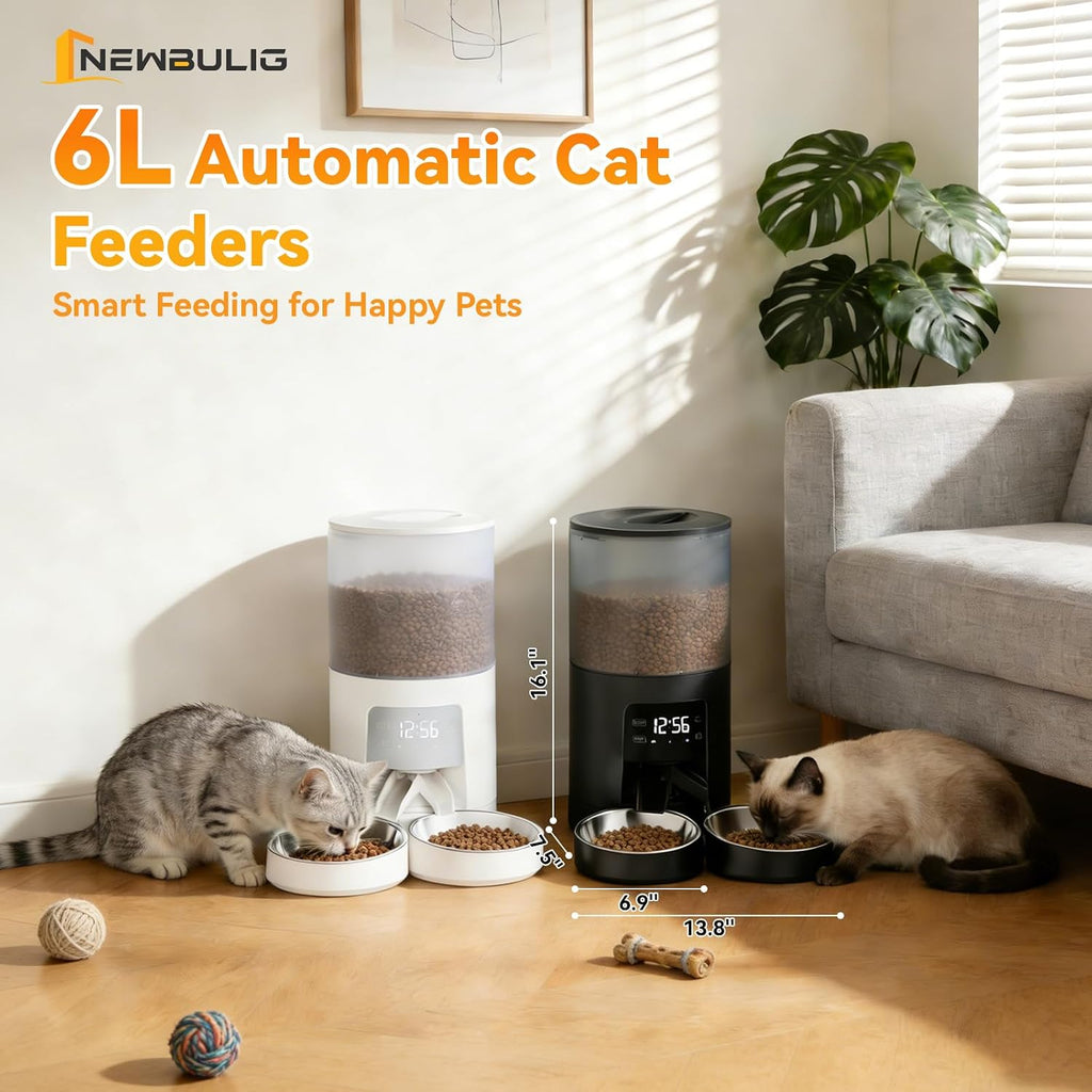 NEWBULIG Automatic Cat Feeder for 2 Pets 6L Dog Food Dispenser, Black