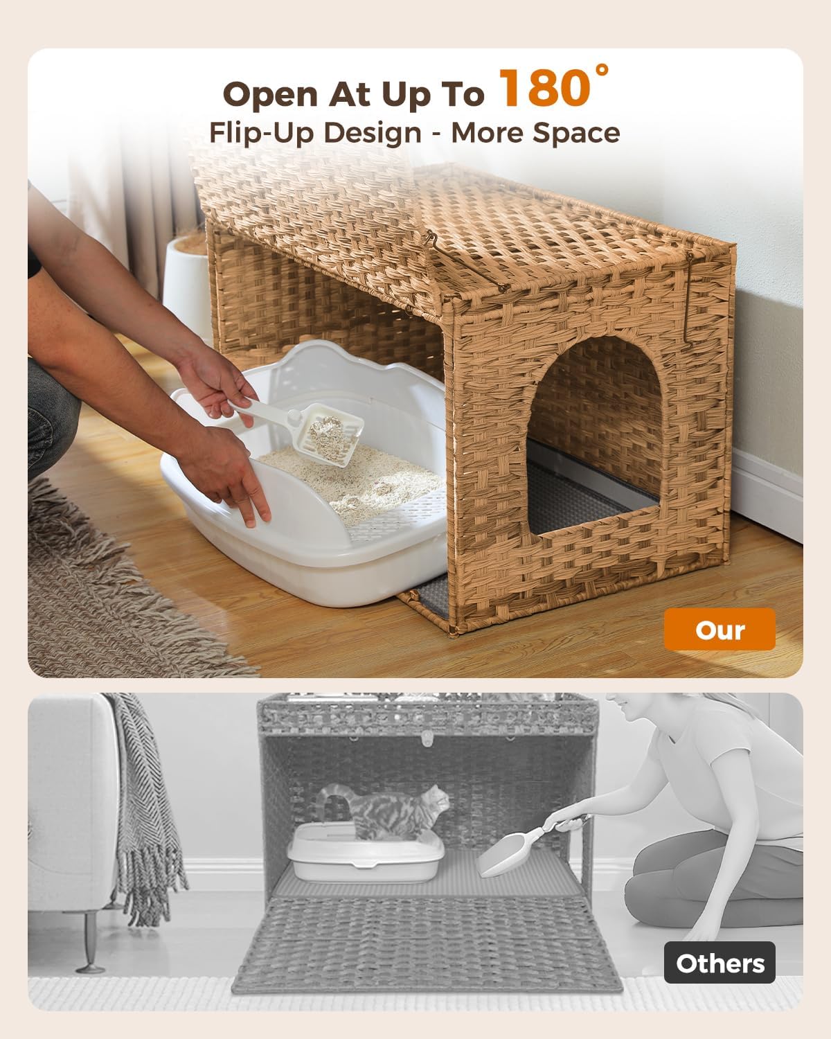 MUTTROS Rattan Cat Litter Box Enclosure - Extra Large Hidden Litter Box Furniture by Handwoven Wicker with Taller Doorway & Raised Edge Mat-Cat House Cabinet for Large Cats Indoor Odor Control, Beige