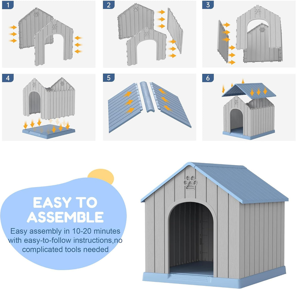 Fancyango Dog House Outdoor Indoor for Small Medium Dogs, Sturdy Plastic Waterproof Doghouse with Air Vents and Elevated Floor, Easy Clean and Assemble (Blue, 26.18''L × 24.02''W × 25.98''H)