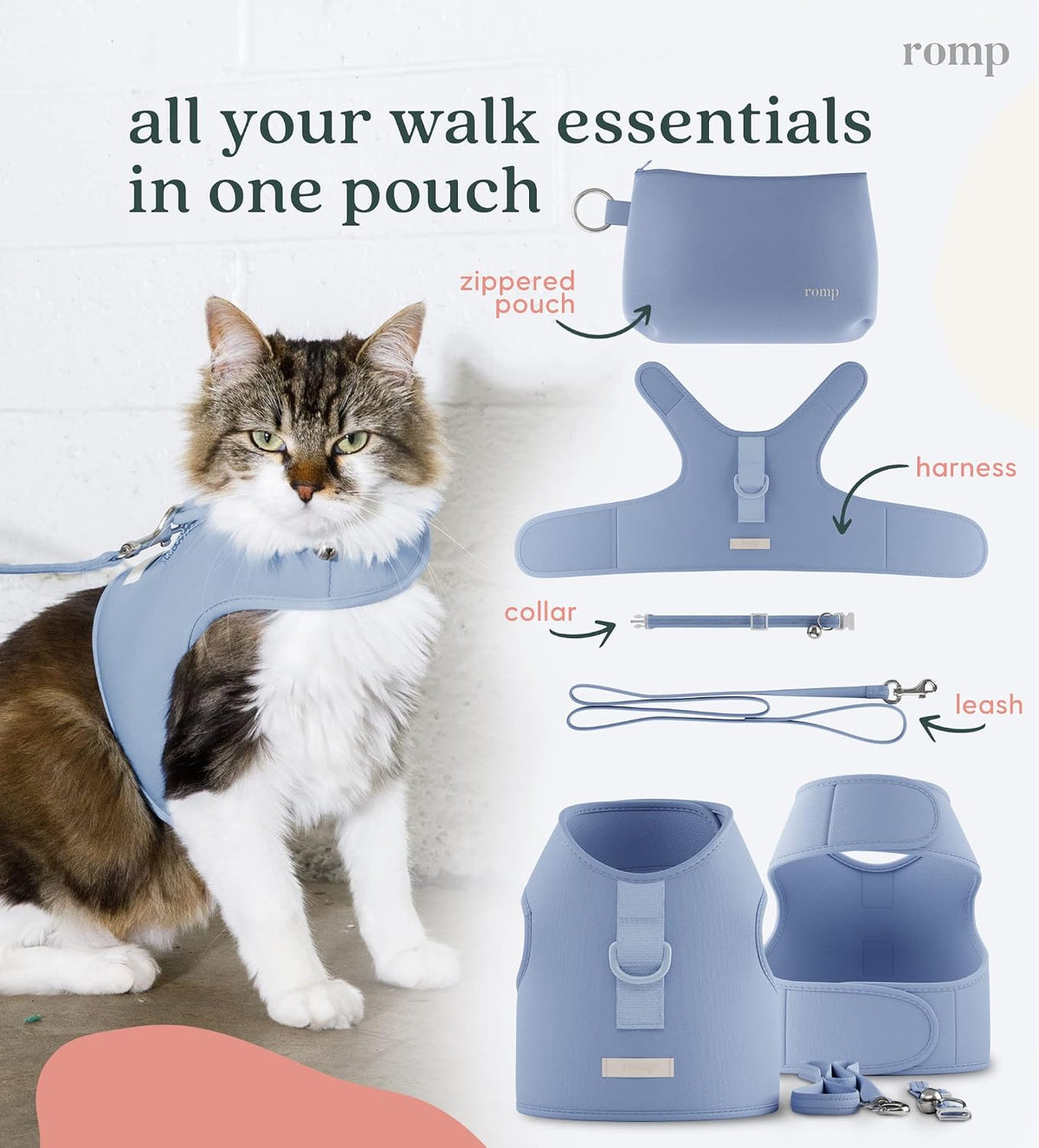 Cat Harness, Collar & Leash Set - Escape Proof Adjustable Choke Free Velcro Harness Vest for Walking Cats & Kittens (Cotton Blue, Large)