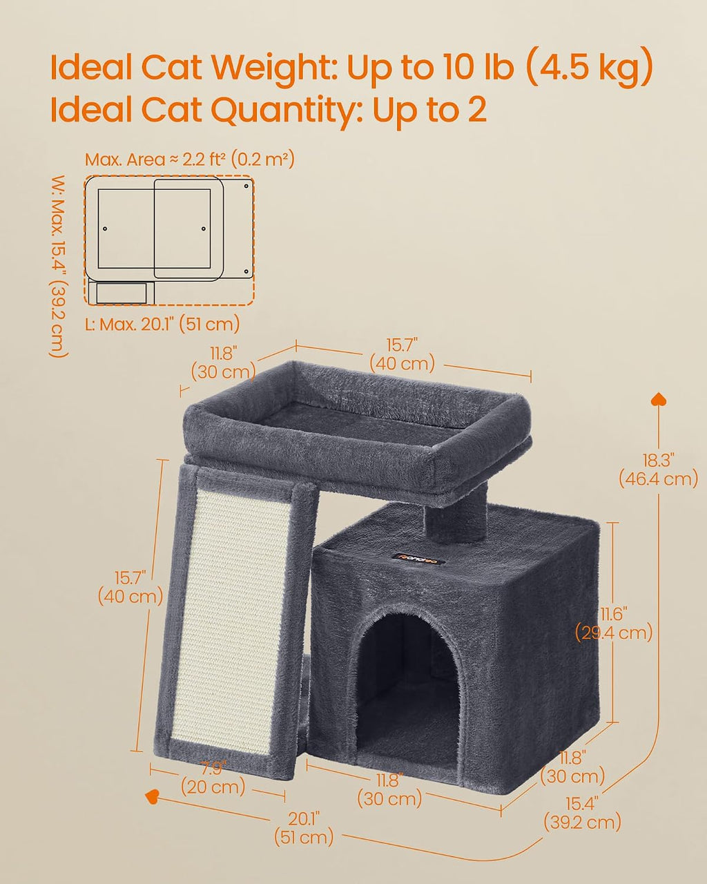 Feandrea Cat Tree, 18.3-in Small Cat Tower, Cute Kittens Condo, Dark Gray
