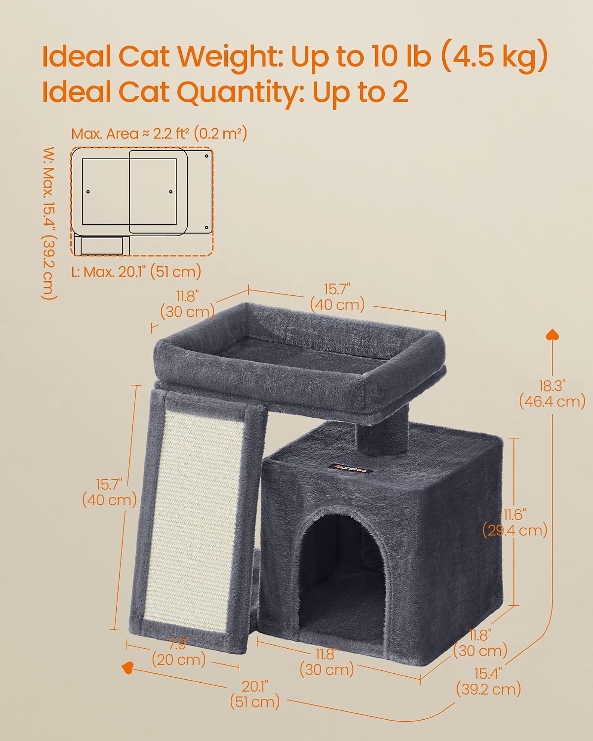 Feandrea Cat Tree, 18.3-in Small Cat Tower, Cute Kittens Condo, Dark Gray