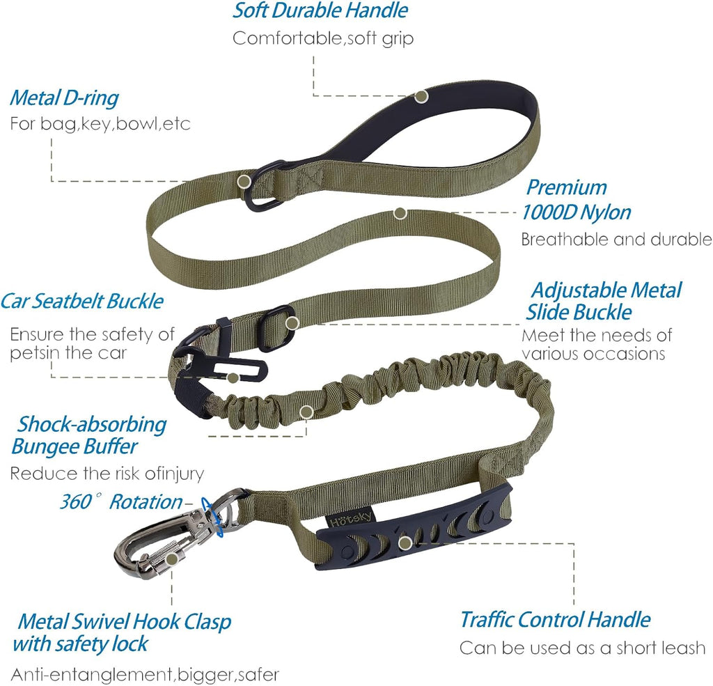 Hotsky Tactical Bungee Shock Absorbing No Pull Dog Leash,Army Green,4-6FT