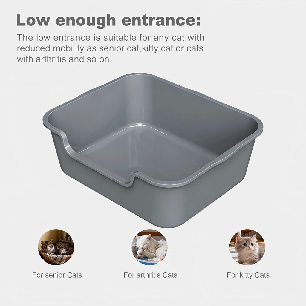 Extra Large Low Entry ABS Cat Litter Box, Grey, 24" L x 20" W x 8", 1 Pack | Durable low entry litter box, non-stick, odor-free, ideal for seniors, kittens, rabbits, large cats and multi-pet homes.
