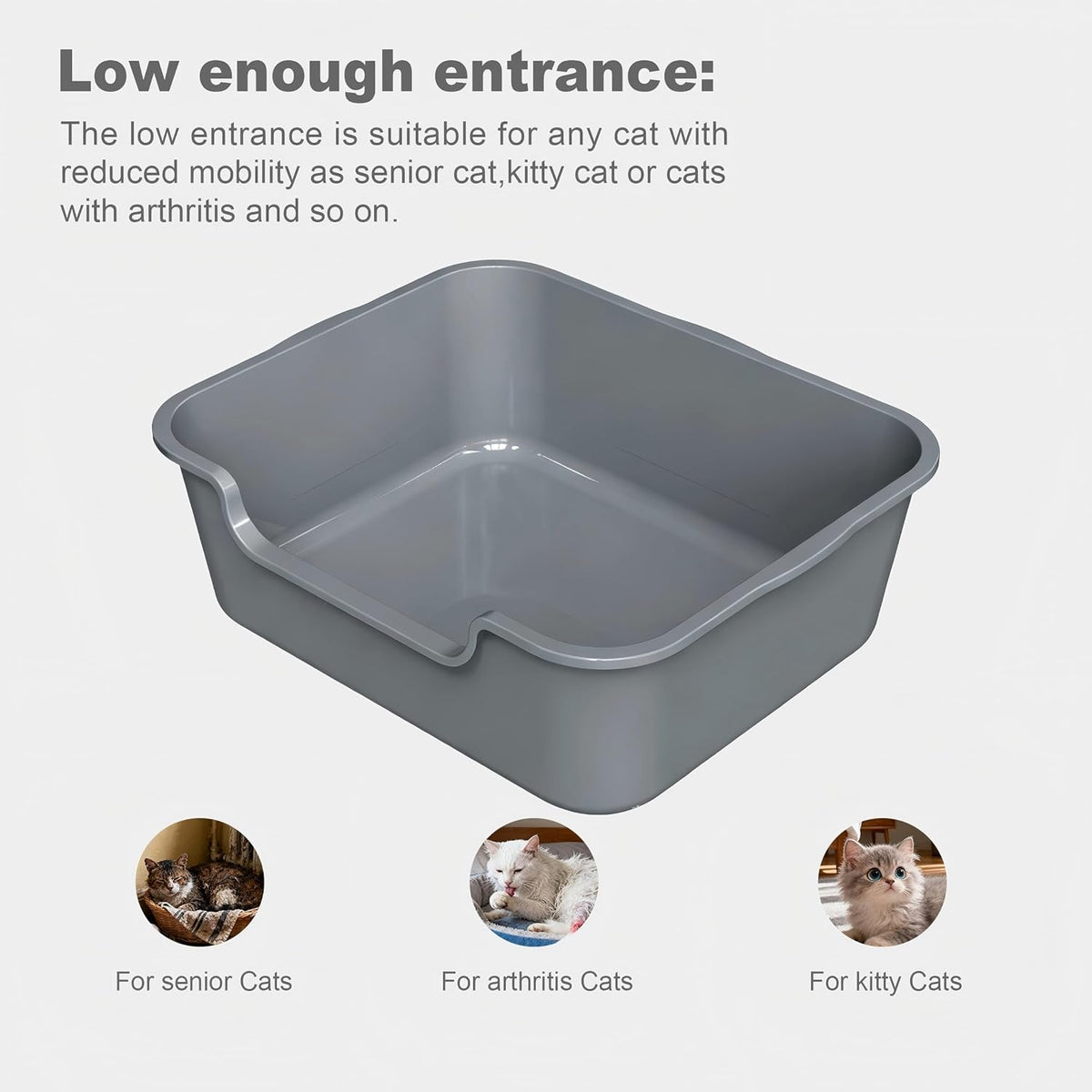 Extra Large Low Entry ABS Cat Litter Box, Grey, 24" L x 20" W x 8", 1 Pack | Durable low entry litter box, non-stick, odor-free, ideal for seniors, kittens, rabbits, large cats and multi-pet homes.