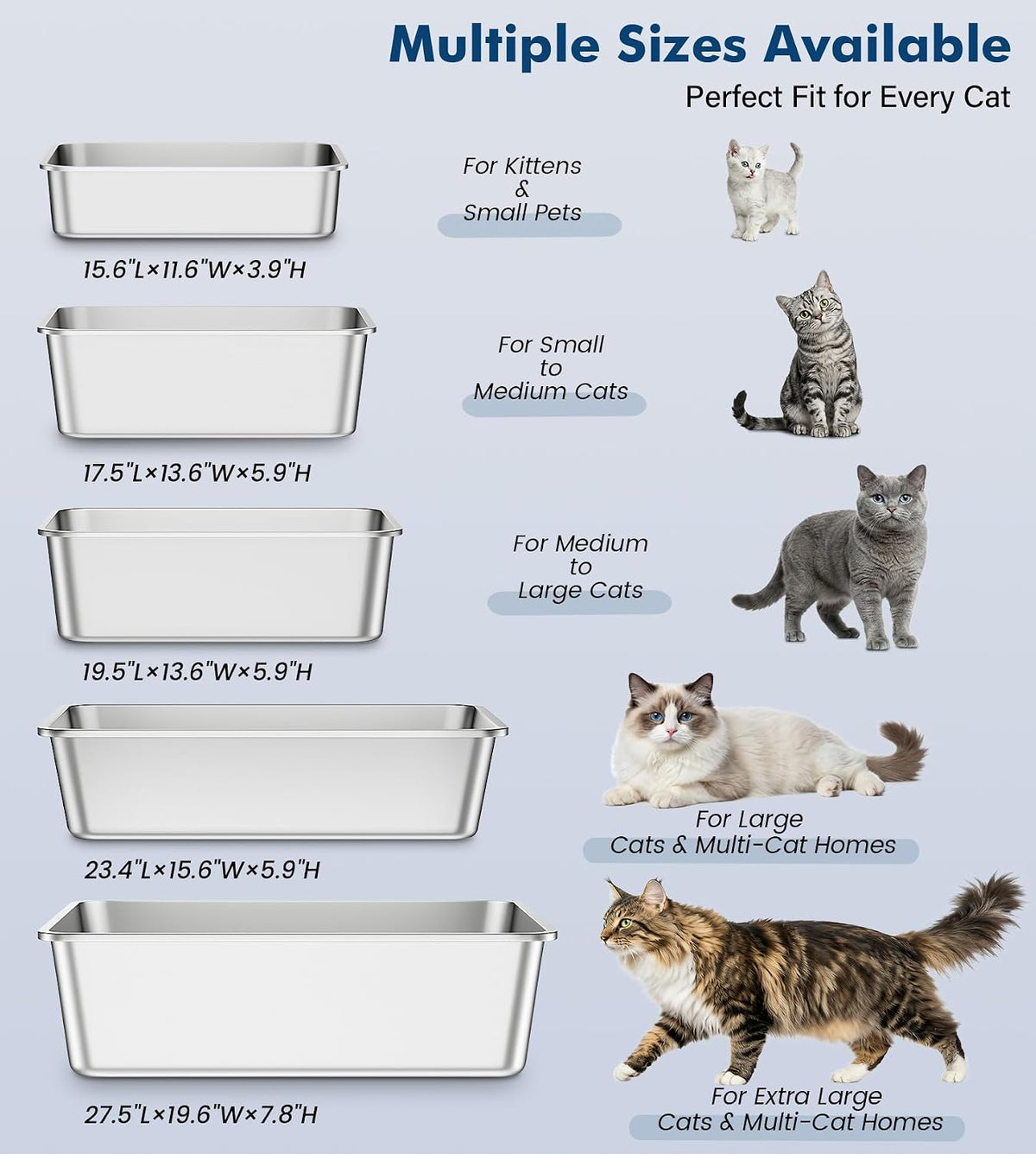 Qiuma Stainless Steel Litter Box, Metal Cat Litter Box with High Sides, Odor-Free, Non-Stick, Easy to Clean, 17.5"×13.6"×5.9", Ideal Size for Small to Medium Cats, Litter Tray