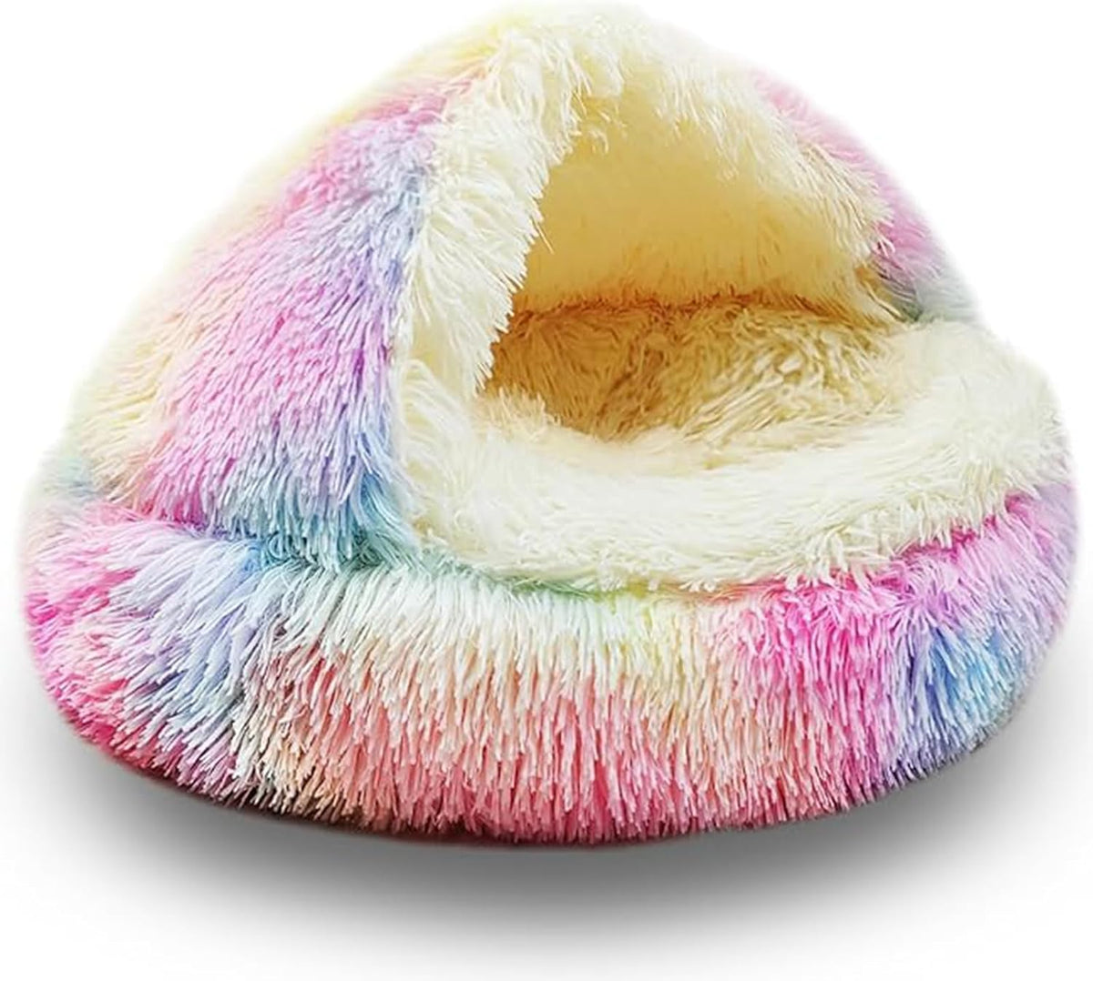 ShinHye Cat Bed Round Plush Fluffy Hooded Cave, 23×23inch, Multicolor