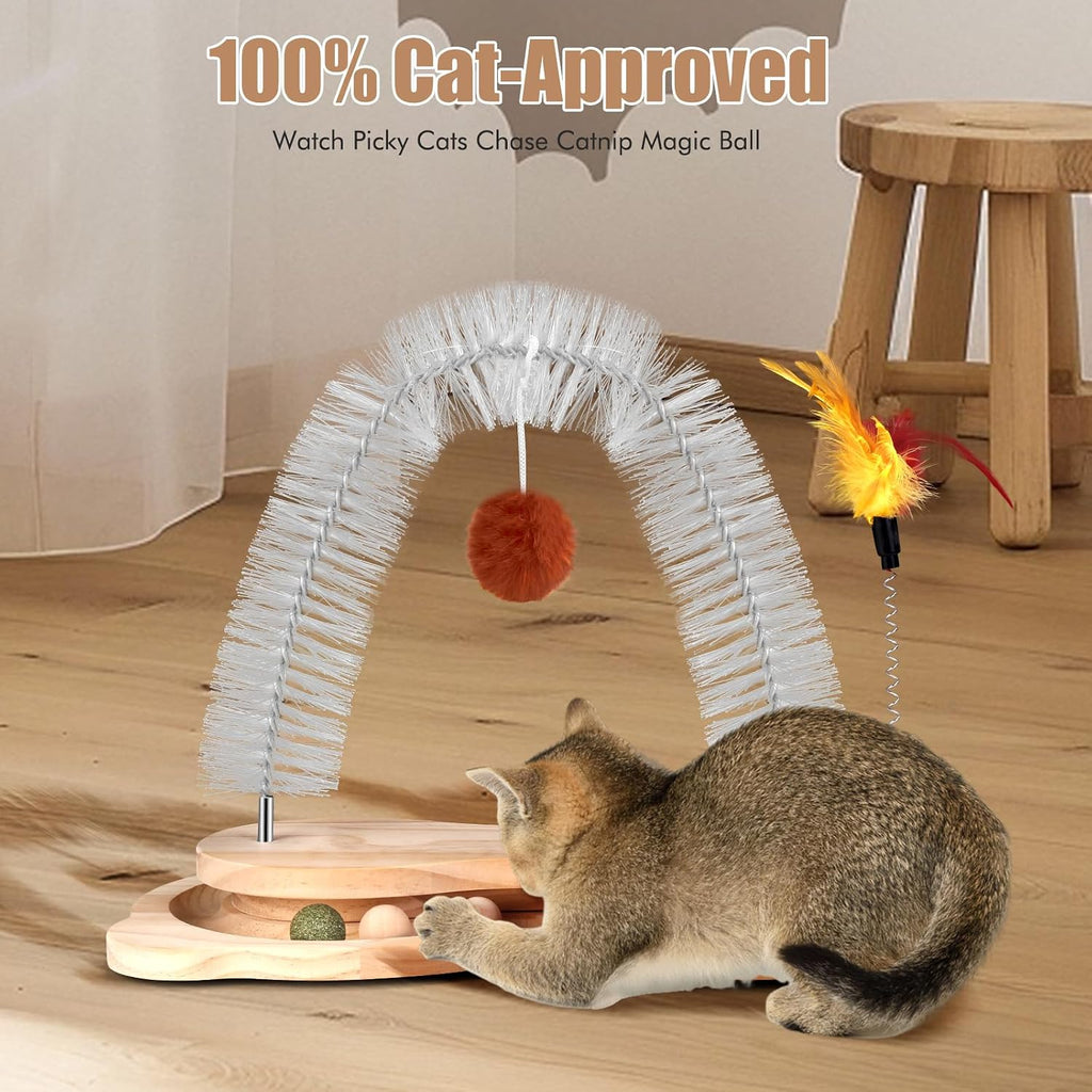 Cat Self Groomer, Cat Grooming Brush Scratcher Massager Arch for Indoor Cats Face Back Scratcher Rubbing Post Corner Brush w/ Kitten Interactive Catnip Ball Track Toy for Chasing Hunting Exercise