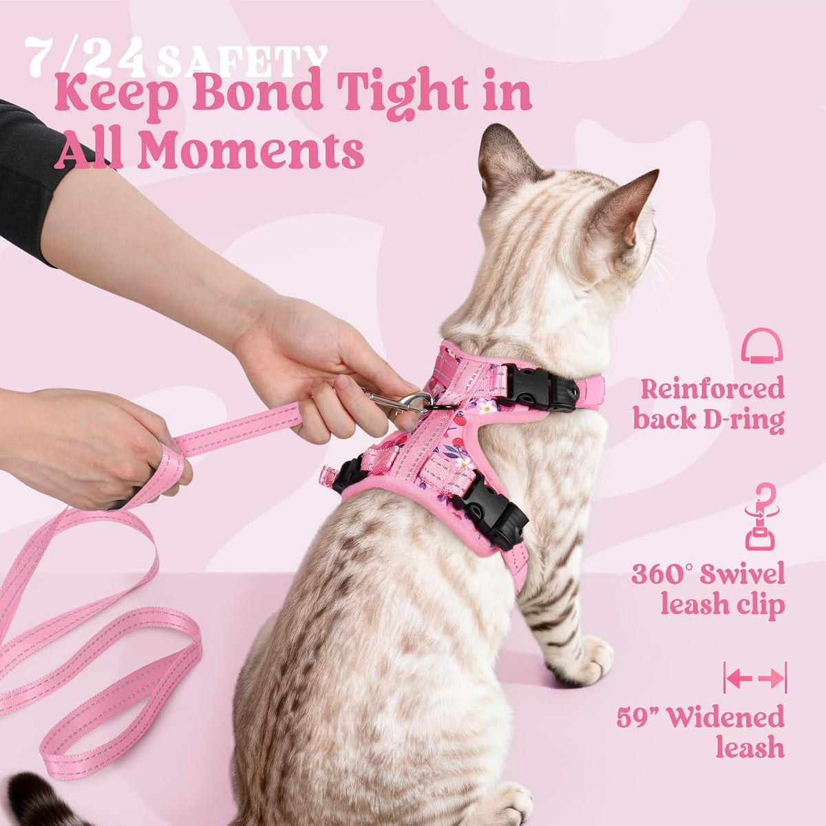 rabbitgoo Cat Harness and Leash Set, Easy-on with Neck Buckle, Berry Bloom