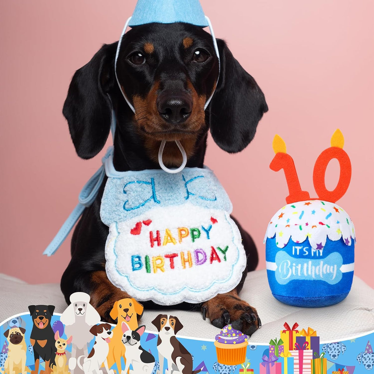Dansydaisy Dog Birthday Cake Toy Squeaky Plush Gift,10th,Blue | Interactive Squeaky Gift for Dogs, Dog Birthday Decor , Soft Chew for Small Medium Large Pets, Cake Design with Candle