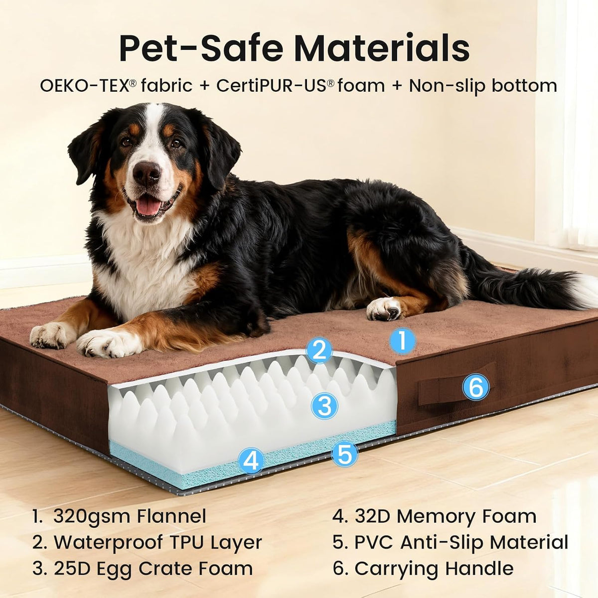 OhGeni Orthopedic Large Dog Bed, Reversible Memory Foam, 47 inch-XXL(Brown)