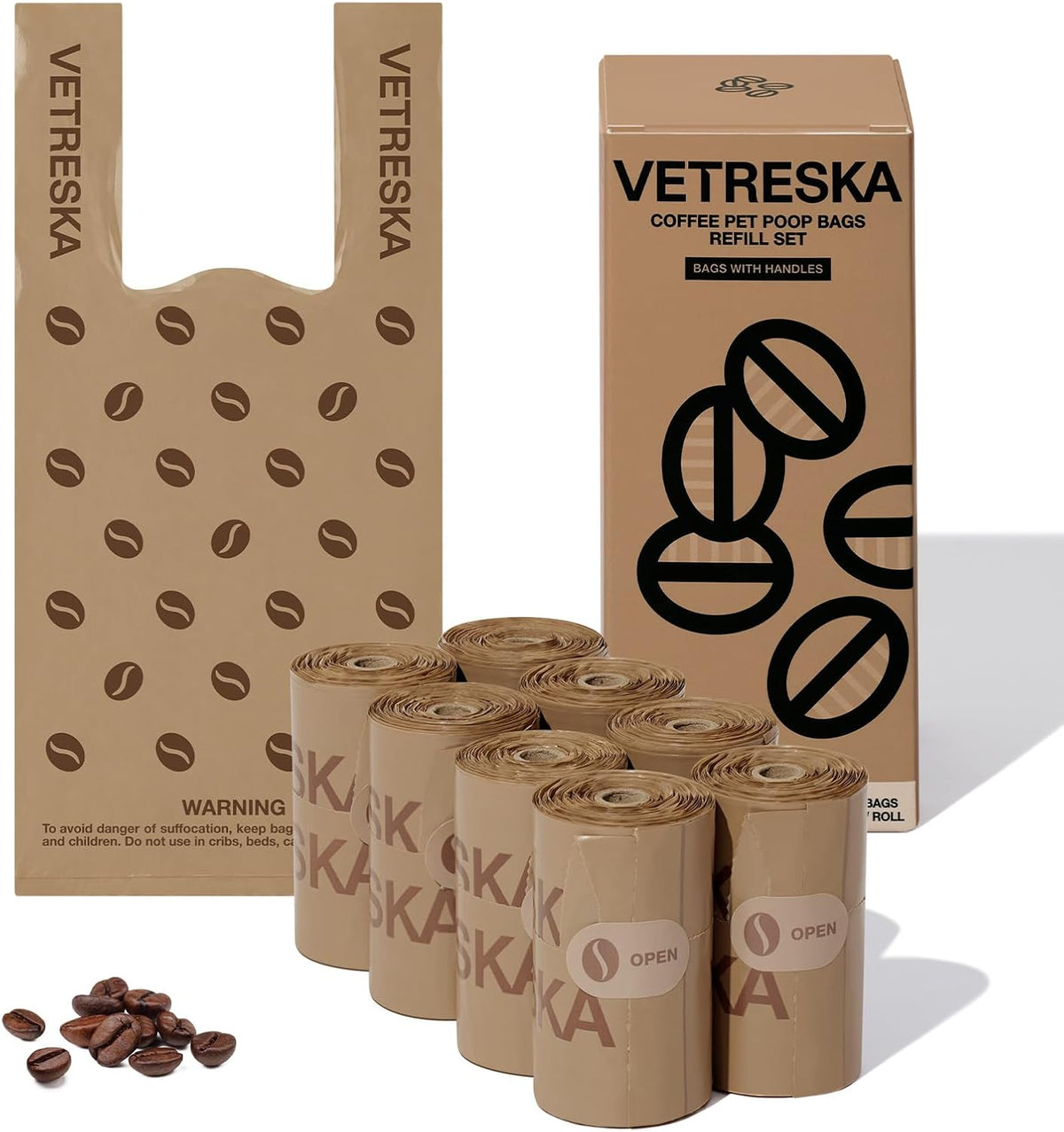 VETRESKA Dog Poop Bags with Handles 120 Count, Coffee Scented Waste Bags | Leak-Proof Thick Dog Bags for Poop, Easy-Tie Large Poop Bags, 8 Refill Rolls for Dog Walking Cat Litter