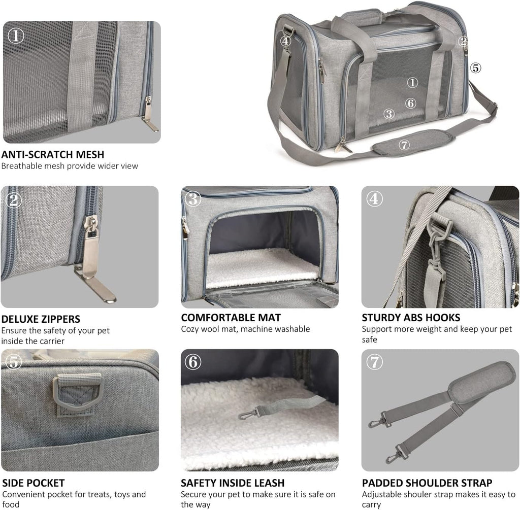 Henkelion Cat Carriers Dog Carrier Pet Carrier For Small / Medium Cats Dogs Puppies (Up To 15lbs), TSA Airline Approved Small Dog Carrier Soft Sided, Collapsible Waterproof Travel Puppy Carrier - Grey