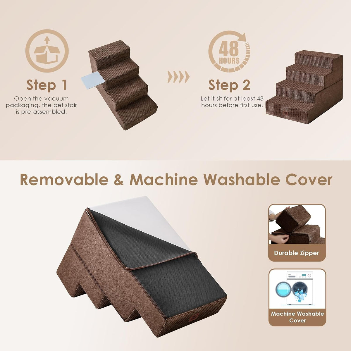 EHEYCIGA Dog Stairs for Bed 20" H, 4-Step Extra Wide Dog Steps, Brown