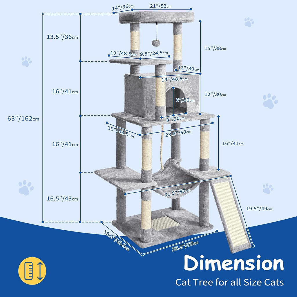 Cat Craft Cat Tree 63 Inch Cat Tower for Indoor Cats, Multi-Level Cat Tree for Large Cats 20 lbs+ Heavy Duty Cat Tower with Sisal Scratching Posts, Hammock, Condo and Extended Platform, Light Grey