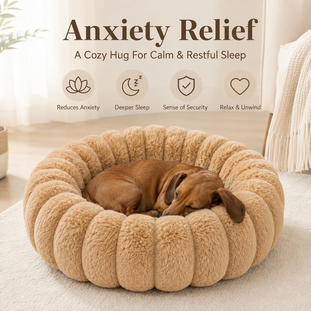 Calming Dog Bed Medium Size Dog Donut Washable Pet Bed, 31.5” Khaki