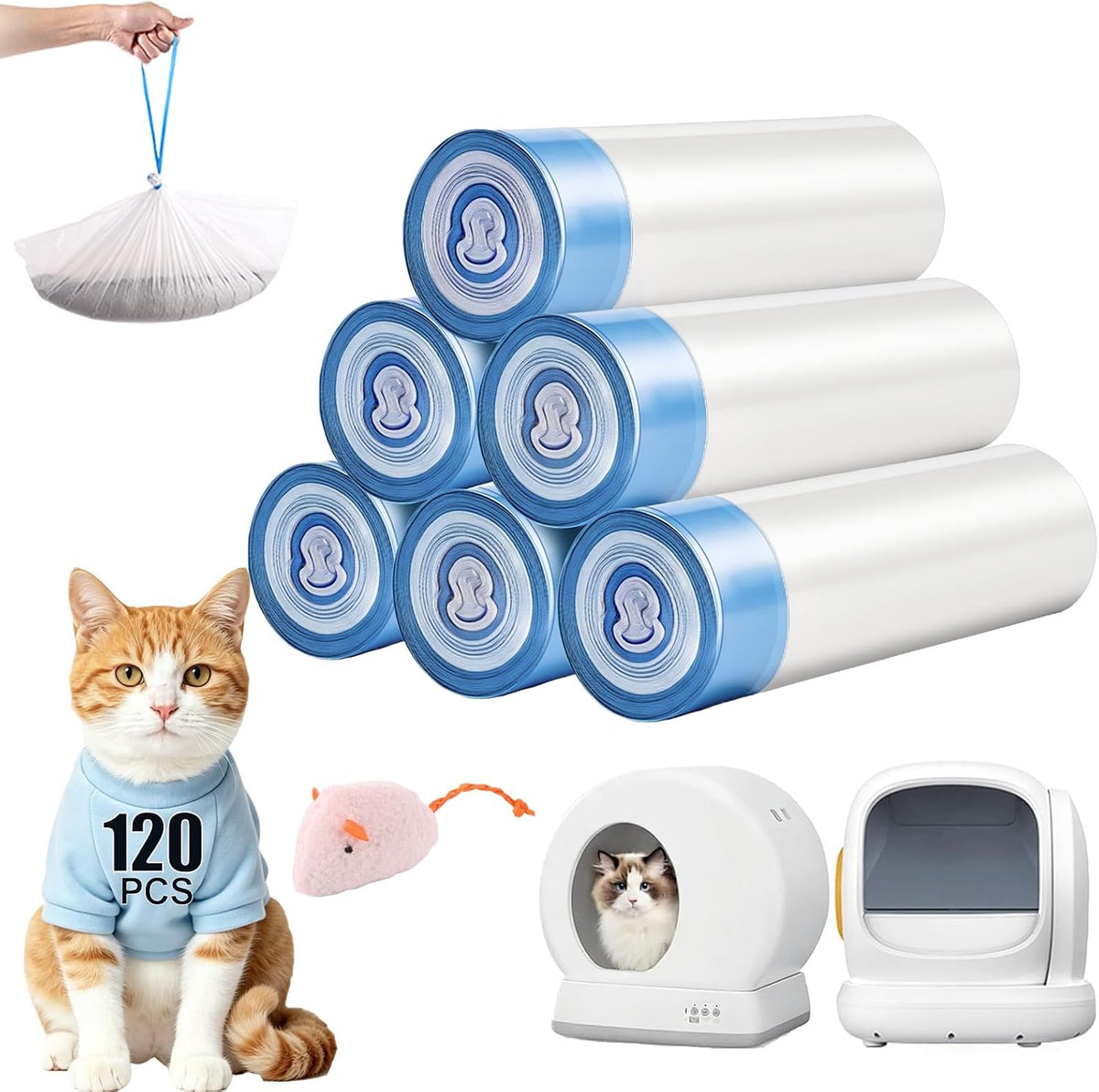 120 Count Drawstring Cat Litter Bags Compatible with MW-SC01/SC02/SC09/LR01