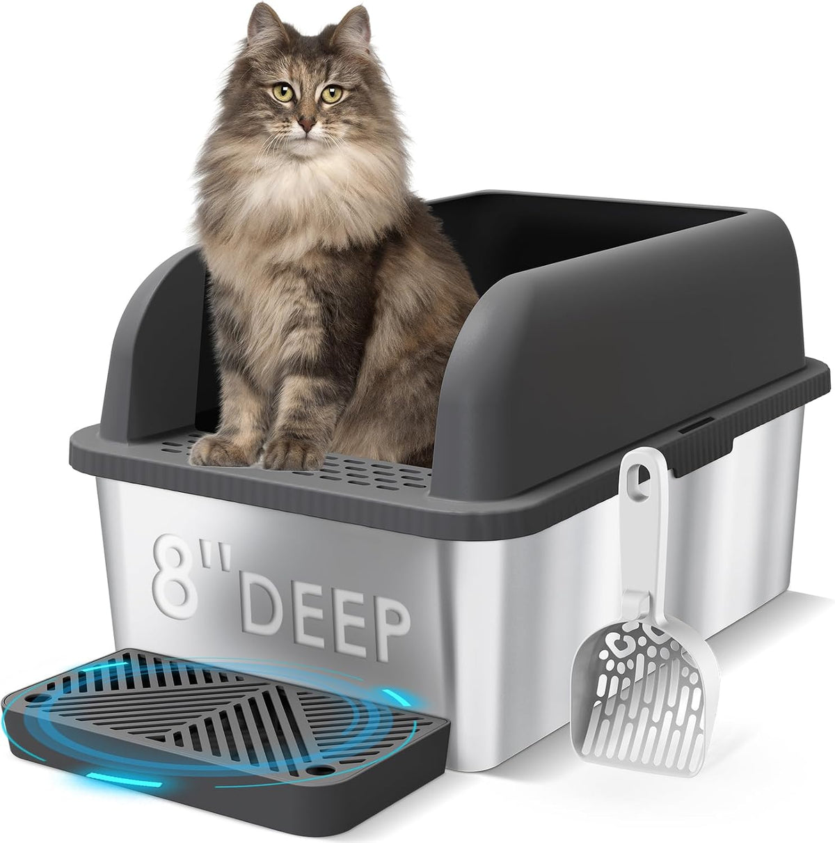Suzzipaws XL 8" Deep Enclosed Stainless Steel Cat Litter Box for Big Cats | High-Side Anti-Leakage Stainless Steel Litter Box, Non-Sticky, Easy-Clean, Less Tracking for Multi-Cat Homes, Charcoal Gray