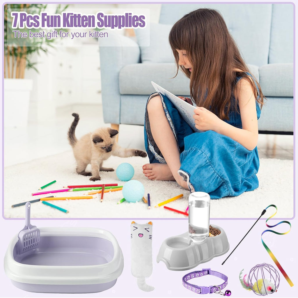 Tioncy 7 Pcs Kitten Litter Box Starter Kit with Mat, Stylish, Purple