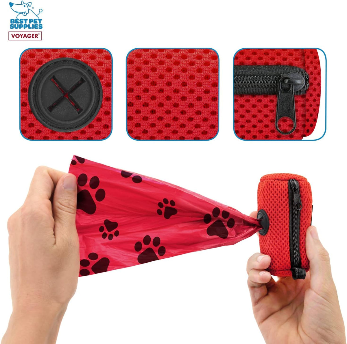 Best Pet Supplies Dog Poop Bag Holder Leash Attachment with Reusable Dispenser for Travel, Walking, Park, and Outdoor Use, Durable with Clip-On - Red, Mesh Dispenser w/15 Bags