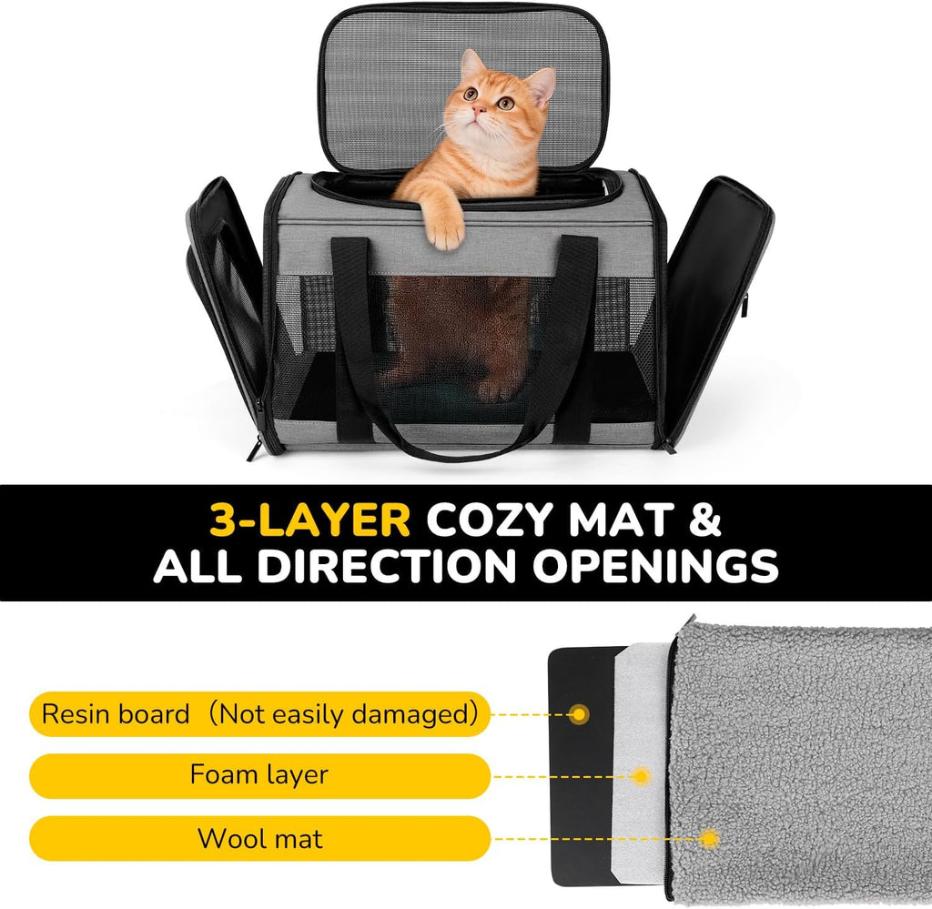 Hipubby Cat Carrier Dog Carrier for Pets Up to 16 Lbs, Soft-Sided Pet Travel Carrier for Cats and Small Dogs, Airline Approved Pet Carrying Case with Shoulder Strap & Removable Mat - Grey