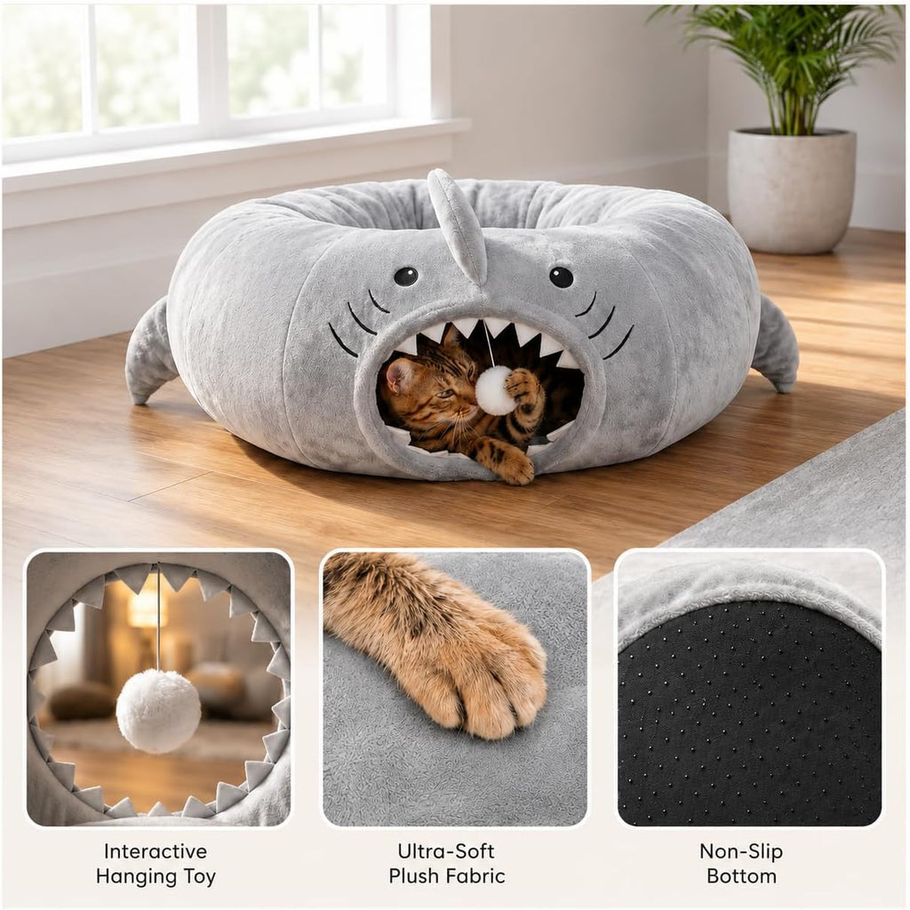 Baseola Fuzzy Cat Tunnel Bed for Indoor Cats, 2-in-1 Interactive Cat Toys