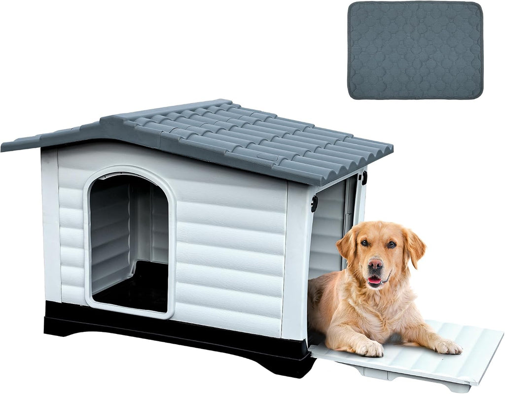DWVO 2-Door Large Dog House with Elevated Base & Cushion, Weather-Resistance Dog Bed House for Indoor/Outdoor Use, Easy Assembly Pet House for Small to Large Dogs (43.7''L x 33''W x 31.6''H)
