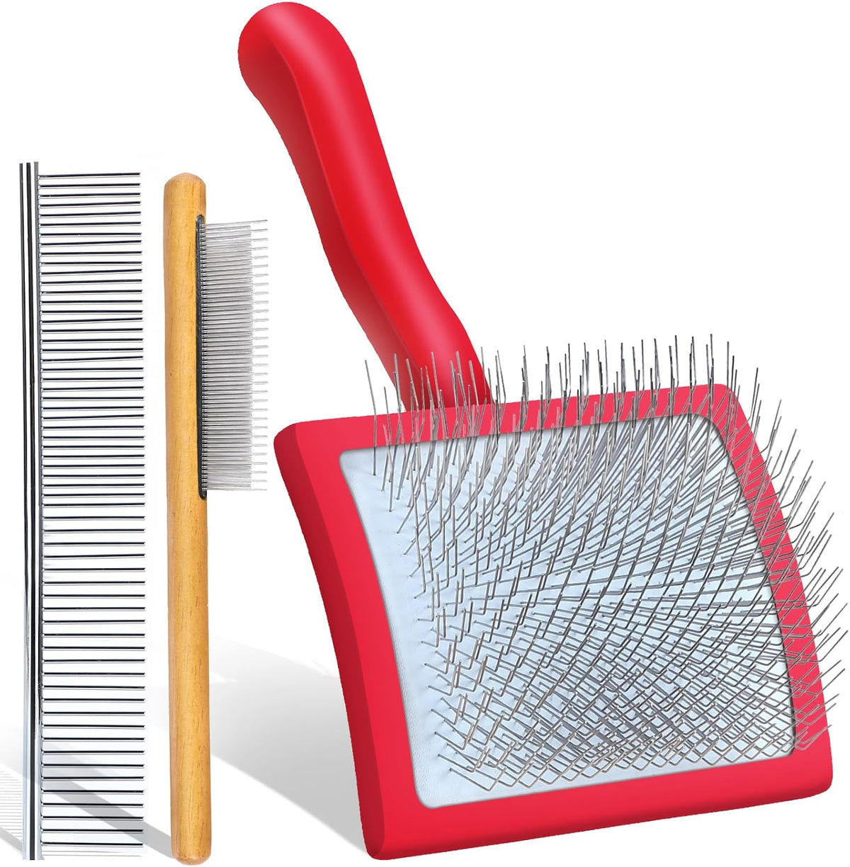 3-in-1 Long Pin Slicker Brush Set, Pet Grooming Kit,Red