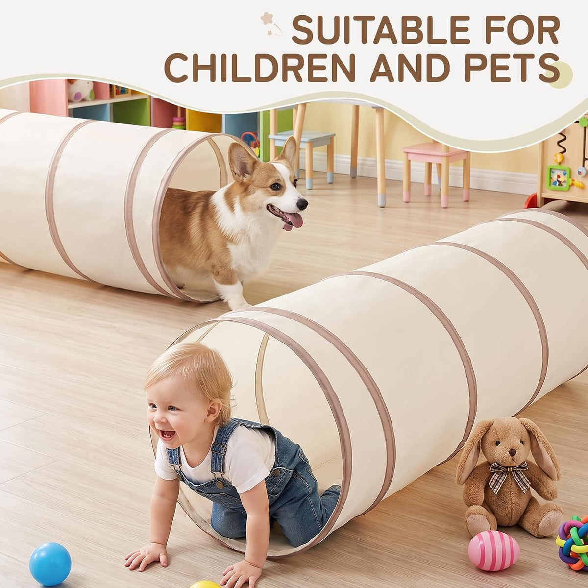 Moncoland Kids Play Tunnel Tent for Toddlers, Pop Up Crawl Tunnel Toy for Baby or Pet with Neutral Color, Collapsible Gift for Boy and Girl Play Tunnel Indoor and Outdoor Game (Beige Tunnel)