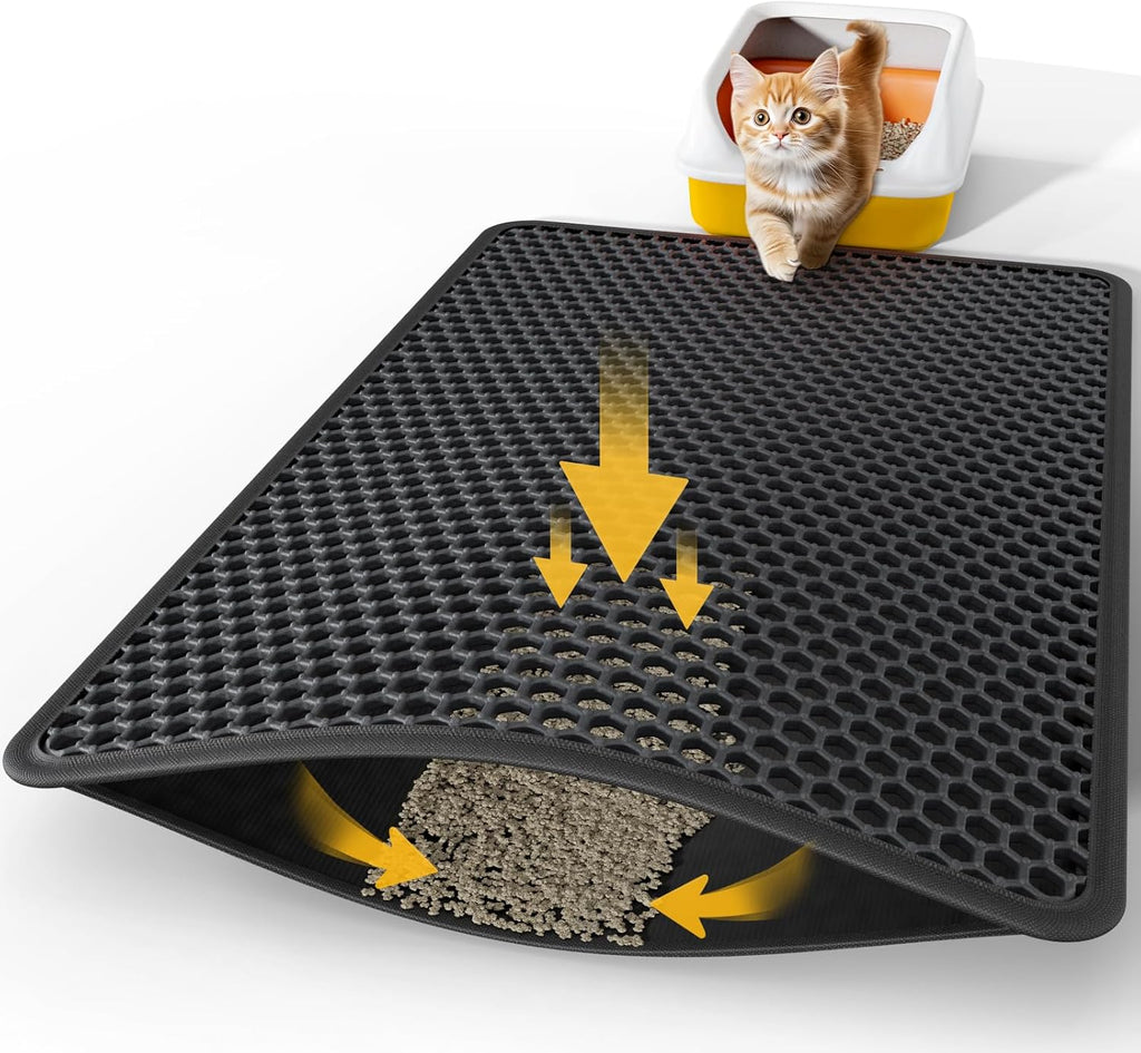 Powools Ultra-Large Cat Litter Mat, 35'' x 30", Double-Layer, Black | Urine-Proof, Non-Slip Litter Trapping Mat, Easy to Clean, Kitty Litter Mats for Floor, Scatter Control