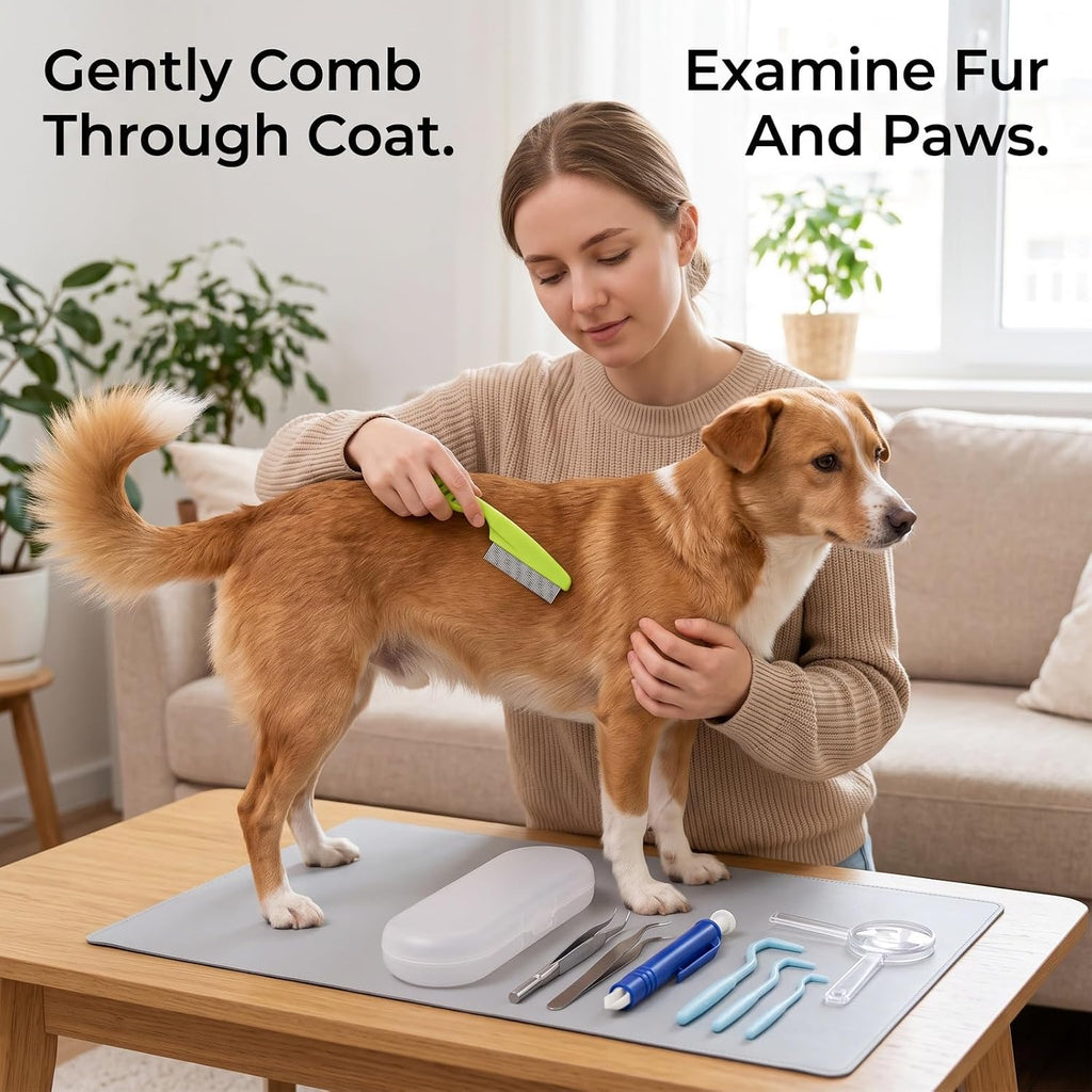 8 Pieces Green Stainless Steel Tick Removal Kit,Flea Comb, Tick Tweezers,Dog Grooming Kit,Painless Physical Parasite Removal Tools for Dogs Cats Indoor Outdoor Hiking Camping Daily Pet Care