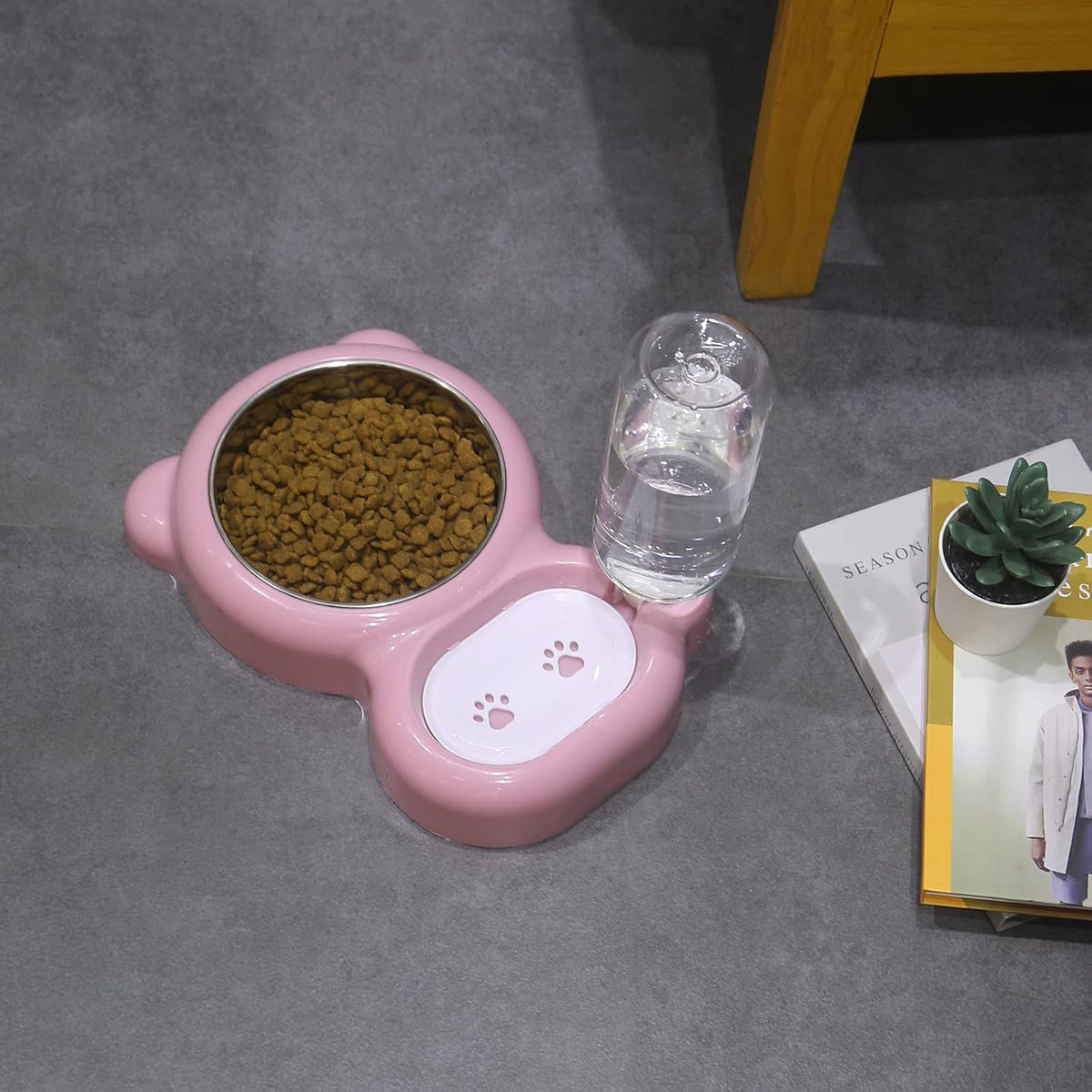 Dog Bowls, Cat Food and Water Bowl Set with Water Dispenser and Stainless Steel Bowl for Cats and Small Dogs - Pink 