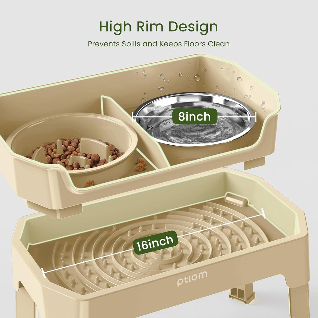4-in-1 Elevated Slow Feeder Dog Bowls, 4 Height Adjustable Mess Proof Raised Dog Bowl Stand with Licking Plate, 2 Stainless Steel Dog Food Bowl & Slow Feeder for Large Dogs Pets, Beige