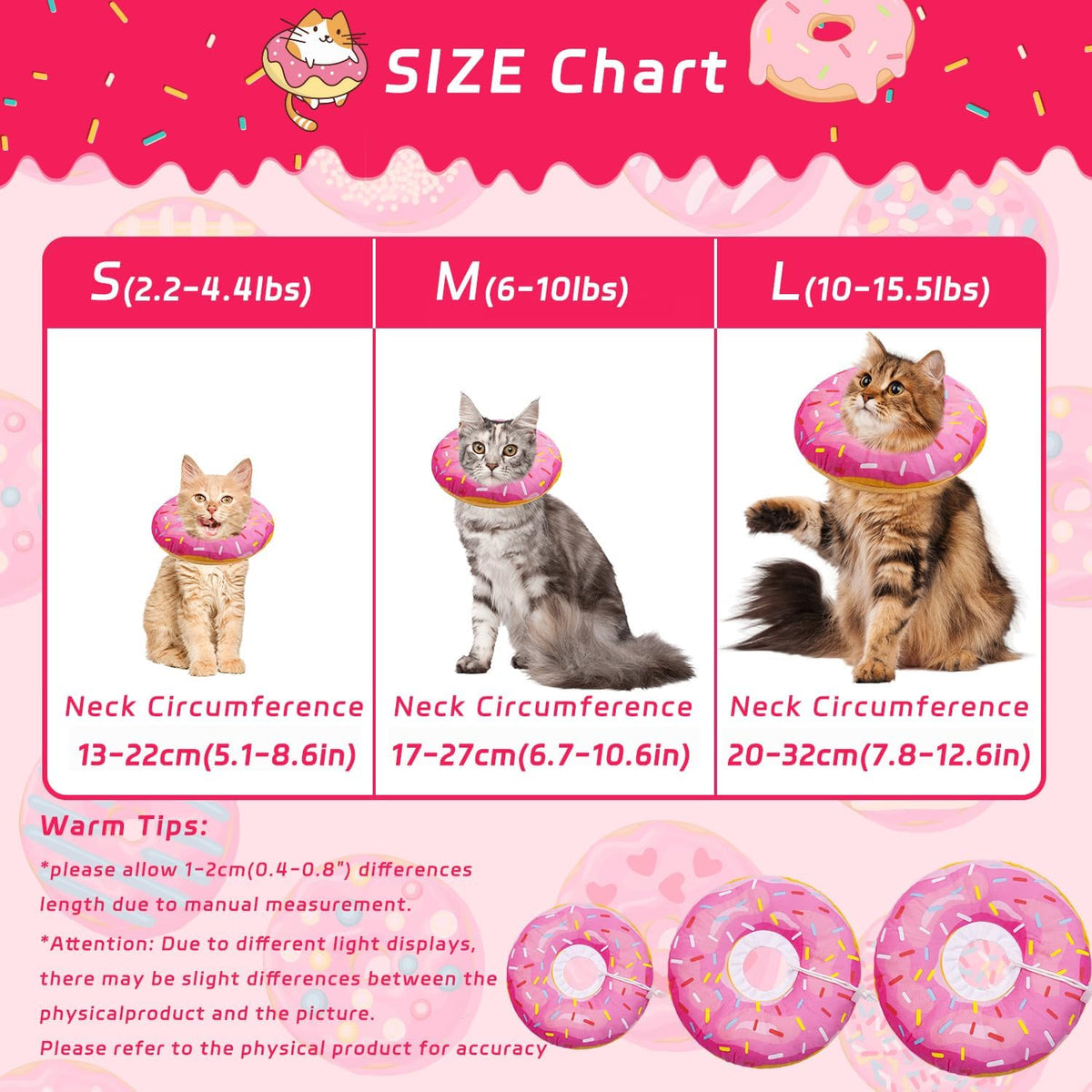 Seyezo Cat Cone Collar Soft, Adjustable Cat Recovery Collars Spay Cones to Stop Licking, Cute Donut E Collar After Surgery, Anti-Lick Recovery Elizabethan Collar for Kittens (Donut Pink, Small)