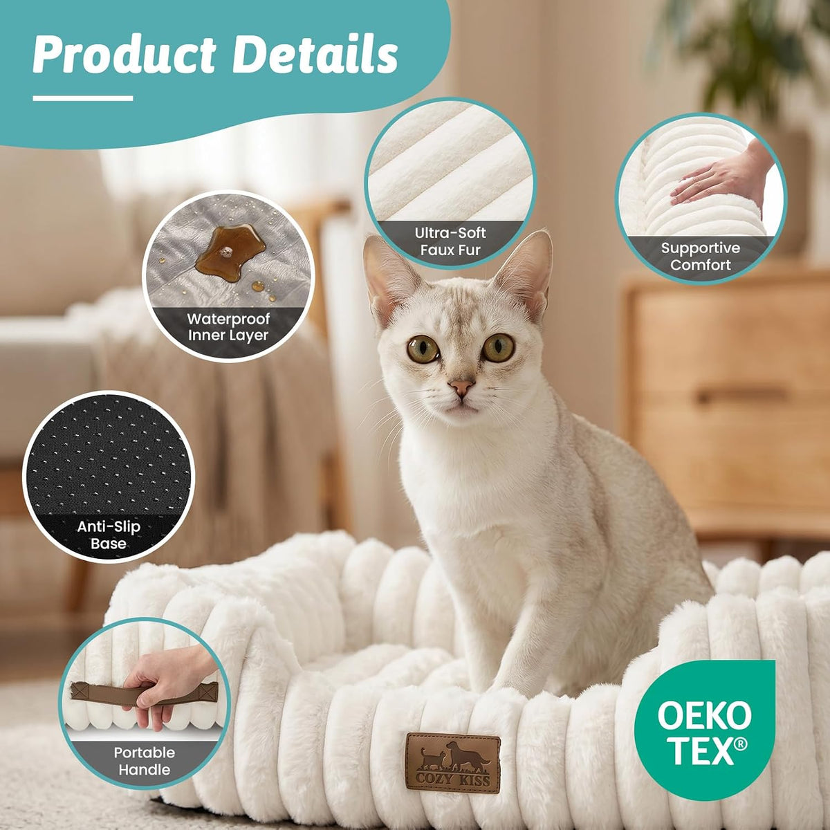 COZY KISS Orthopedic Pet Bed for Small Cats, 20"x18"x6", Cream