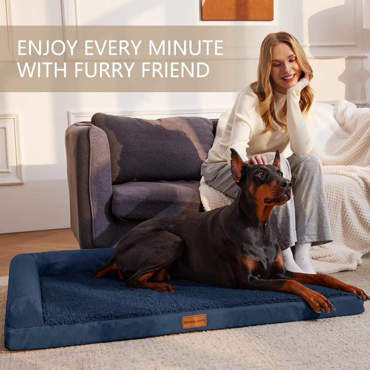 Patas Lague Orthopedic Large Dog Bed Washable Pet Sofa Bed 48X30 Navy Blue