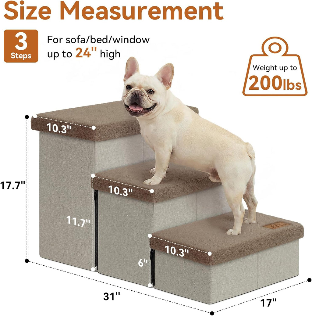 Zerbuger Dog Stairs with Storage Khaki Furry Lids 3 Steps Dog Ramp no Condo