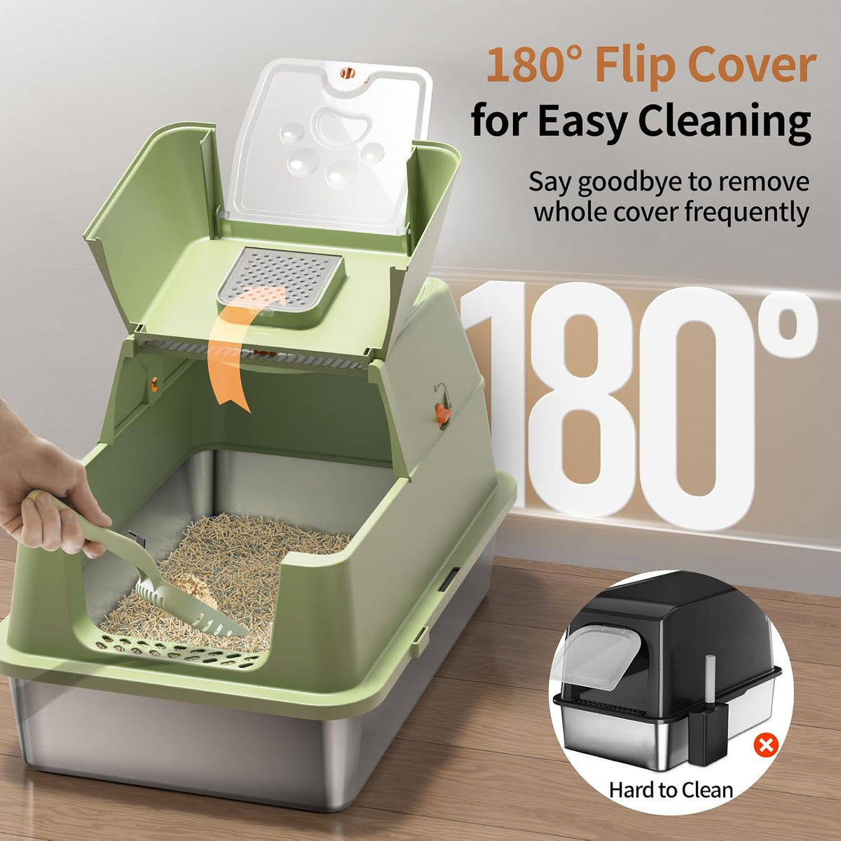 Stainless Steel Cat Litter Box with Lid, Flip-Top XL Large, Green