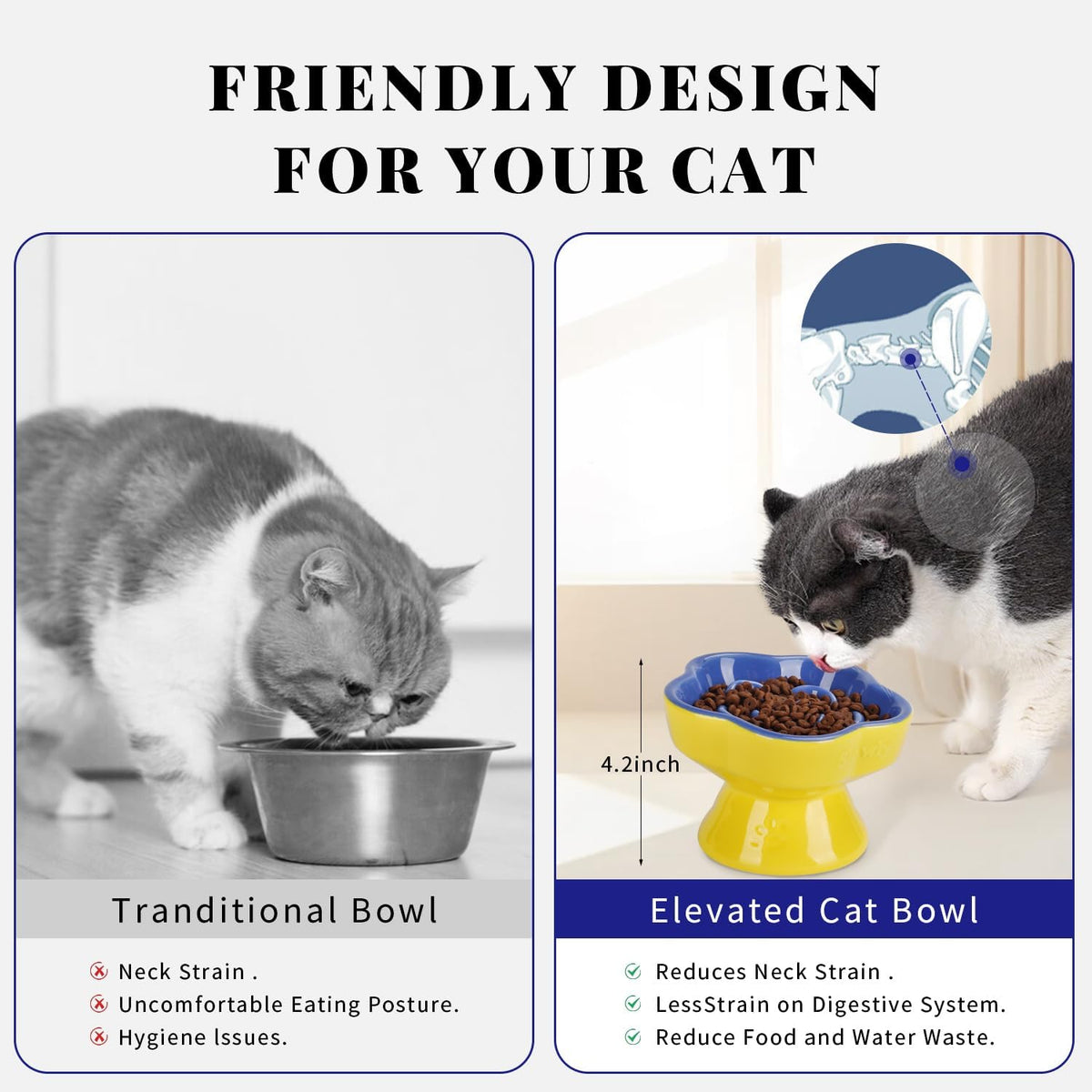 S&Q's CERAMICS Raised Slow Feeder Cat Bowl, Ceramic Elevated and Titled Pet Food Bowl, Small Dogs Slow Feeder, Flower Shaped Dish for Dry and Wet Food (Blue, 5.8")