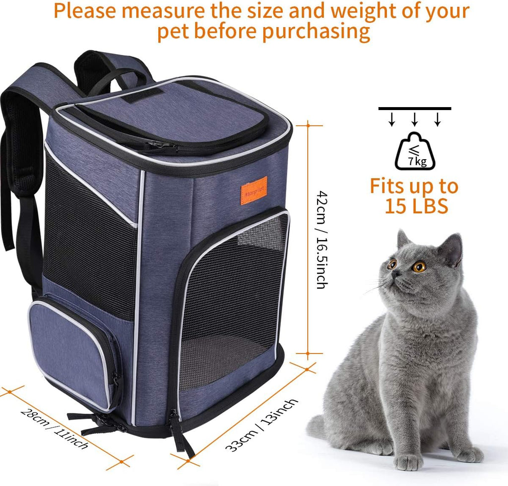 Morpilot Expandable Cat Carrier Backpack for Small Dogs & Cats Up to 25lbs, Breathable Mesh Pet Travel Backpack with Safety Leash, Foldable Airline Approved Carrier for Hiking Camping Outdoor, Blue