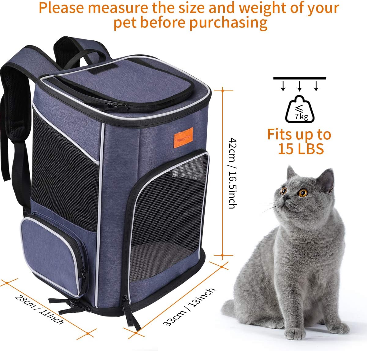 Morpilot Expandable Cat Carrier Backpack for Small Dogs & Cats Up to 25lbs, Breathable Mesh Pet Travel Backpack with Safety Leash, Foldable Airline Approved Carrier for Hiking Camping Outdoor, Blue