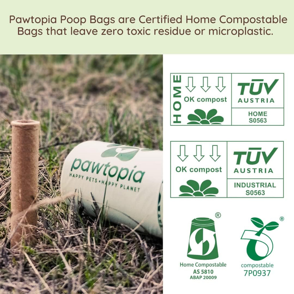 Pawtria Home Compostable Dog Poop Bag Rolls, 240 Bags, 16 Rolls | Leak-Proof Dog Poop Bags Made with Vegetable Starches, TÜV Austria Home Compost Certified, Easy Open Rolls