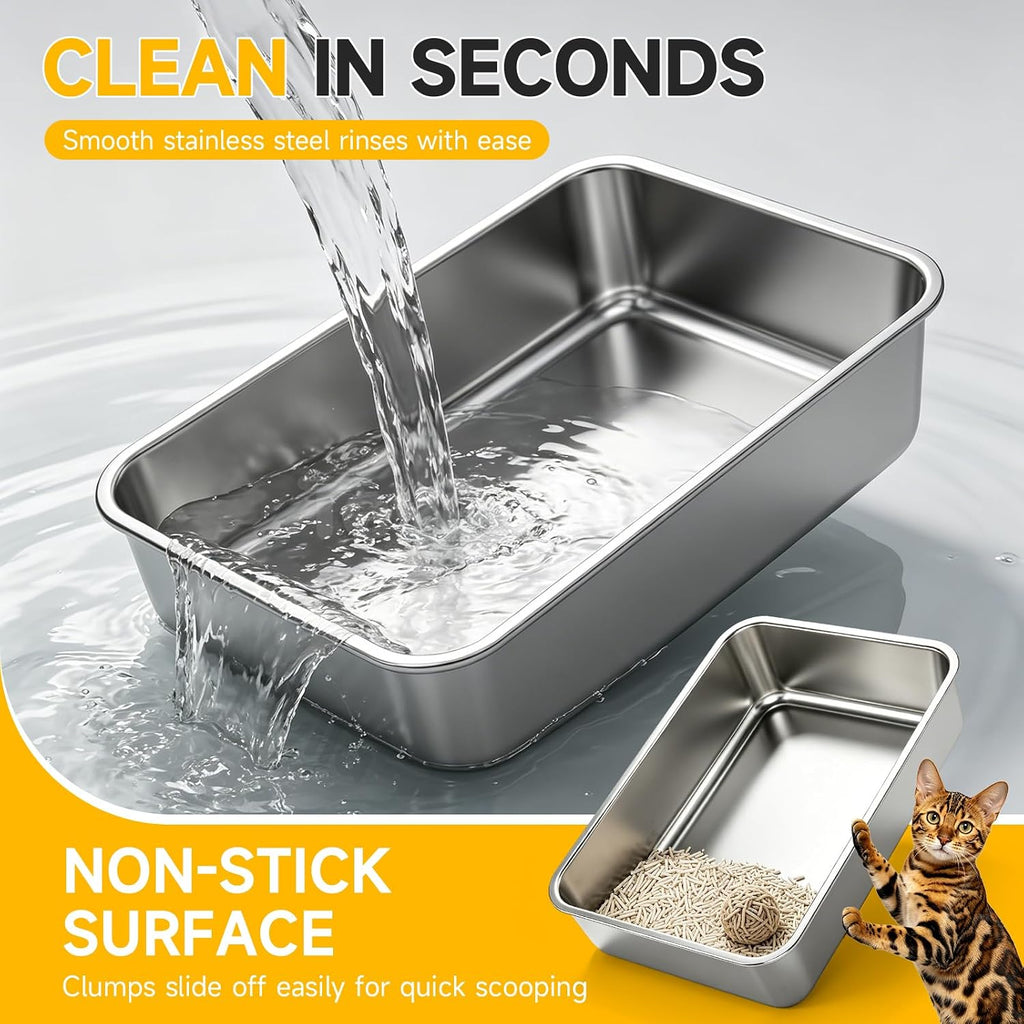 XL Open Top Stainless Steel Litter Box with High Sides,Light Gray | Extra Large Metal Cat Litter Pan , XL Litter Box, Non-Stick Easy Clean Anti-Leak Kitty Litter Pan, Odor Control, Open Top