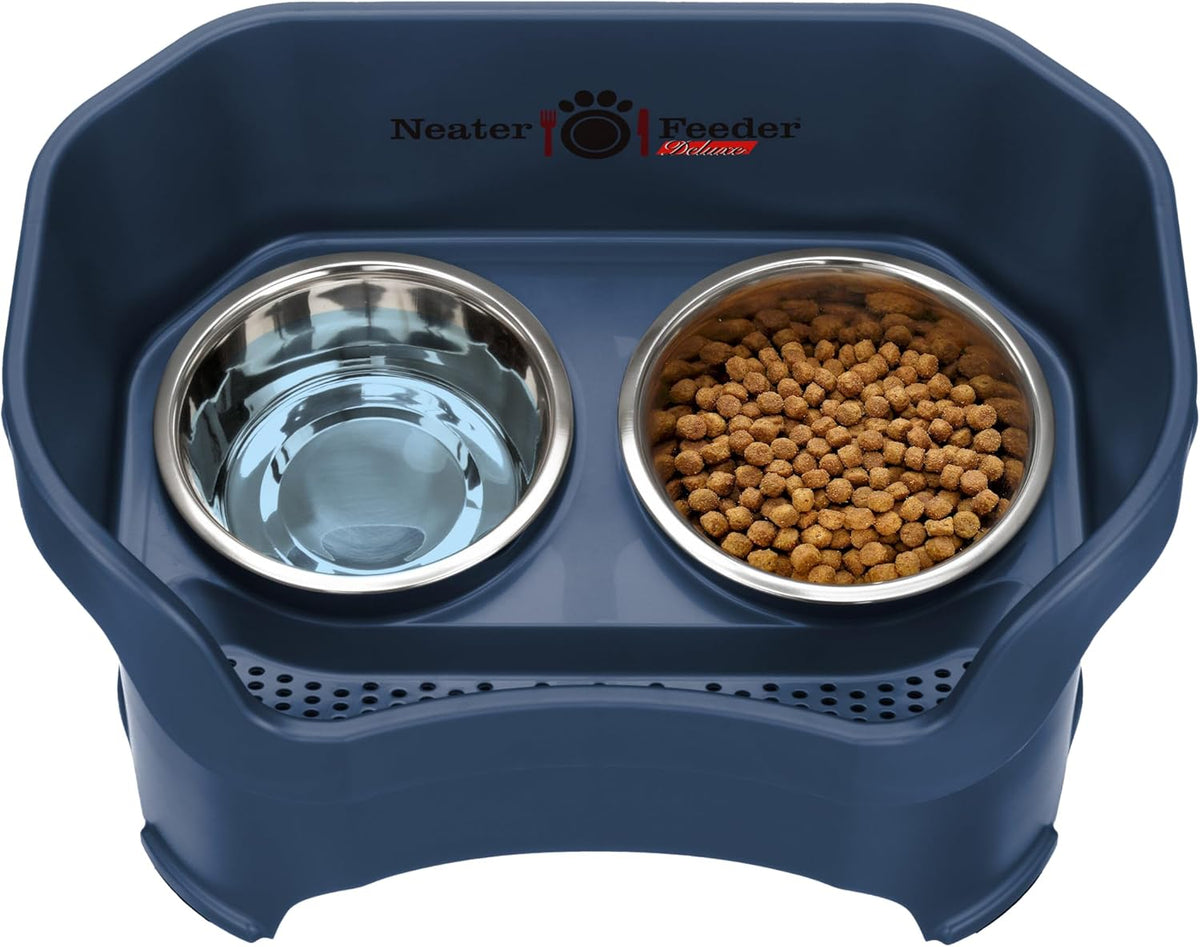 Neater Pet Brands Neater Feeder Deluxe Mess Proof Dog Bowls Elevated for Large Dogs Over 40 lbs, Made in USA, No Spill Raised Dog Food Bowl Stand Feeding Station, Food and Water Bowl Set, Dark Blue 
